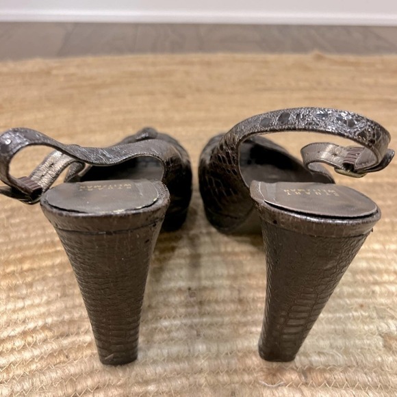 STUART WIETZMAN 9.5 Autumn Brown Peep Toe Crocodile Platform Ankle Strap Heels - Picture 5 of 8